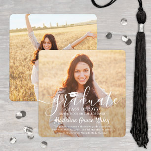 2 Photo and White Script Overlay Square Graduation Announcement