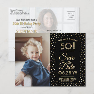 2 Photo Any Age Birthday Gold Black Save the Date Invitation Postcard