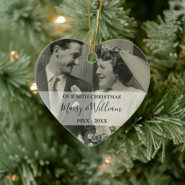 2 Photo Any Anniversary Year Christmas Wedding Ceramic Ornament (Tree)