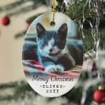 2 Photo Any Text Meowy Christmas Cat Simple White Ceramic Ornament<br><div class="desc">Celebrate the simple joys of your furry family member with a custom 2 photo oval ceramic ornament. Text and kitten pictures on this template are simple to personalize and can be different or the same on front and back. If preferred, change "Meowy Christmas" to any message you choose. Ornament can...</div>