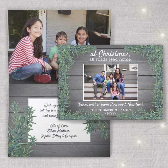 2 Photo Any Text Modern Farmhouse Greenery & Wood Holiday Card (Creator Uploaded)