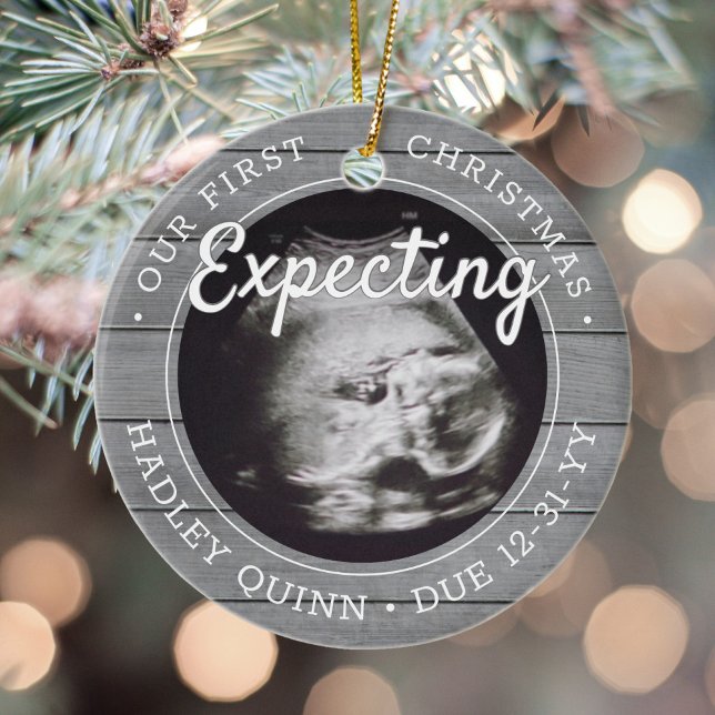 2 Photo Baby Ultrasound New Parents Faux Gray Wood Ceramic Ornament (Creator Uploaded)