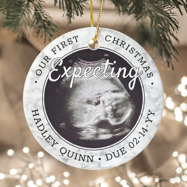 2 Photo Baby Ultrasound New Parents Faux Marble Ceramic Ornament (Creator Uploaded)