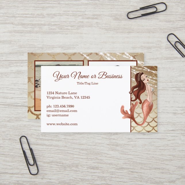 2 Photo Beautiful Mermaid in Rose Gold Beach Business Card (Front/Back In Situ)