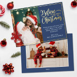 2 photo believe in the magic of Christmas blue Foil Holiday Card<br><div class="desc">Modern holiday greeting card featuring one of your favourite Christmas family portraits on the left complemented by a real gold foil frame and wording that reads "Believe in the magic of Christmas" on the right over an elegant blue background, customizable with your own greeting message. You can upload one more...</div>
