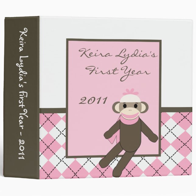 2" PHOTO Binder Scrapbook Pink Sock Monkey (Front/Spine)