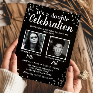 2 Photo Black Silver Birthday Invitation
