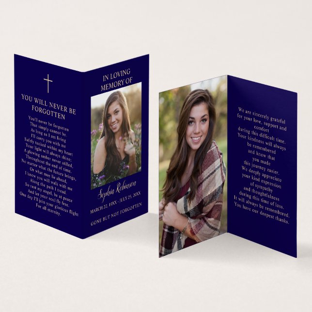2 Photo Blue Gold Memorial dossier carte de prière (Inside and Outside)