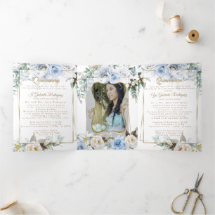 2 Photo Blue Peony Mis Quince Años Tri-Fold Invitation