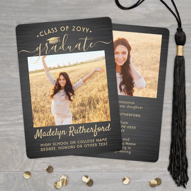 2 Photo Brushed Black and Gold Script Graduation Announcement (Creator Uploaded)