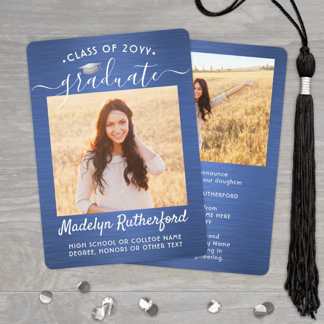 2 Photo Brushed Blue and White Script Graduation Announcement (Creator Uploaded)