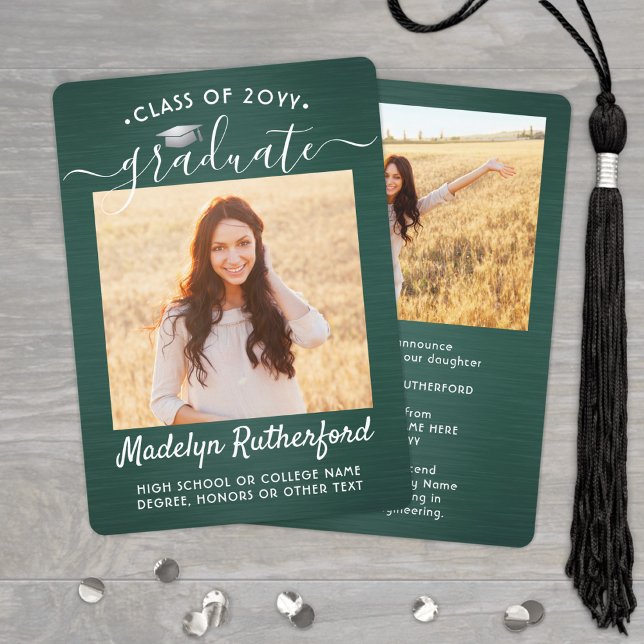 2 Photo Brushed Green and White Script Graduation Announcement (Creator Uploaded)