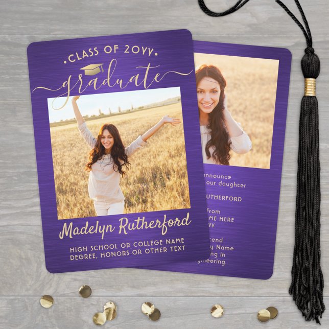 2 Photo Brushed Purple and Gold Script Graduation Announcement (Creator Uploaded)