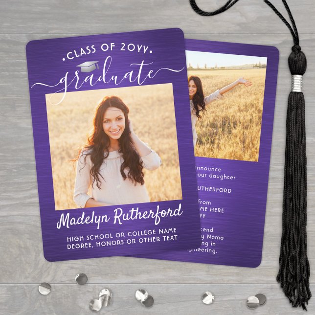 2 Photo Brushed Purple and White Script Graduation Announcement (Creator Uploaded)