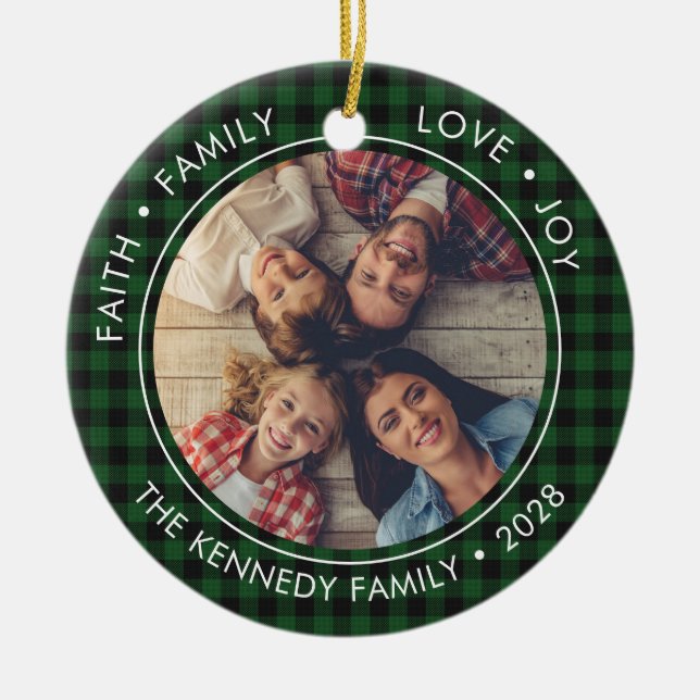 2 Photo Buffalo Plaid Faith Family Love Joy  Ceramic Ornament (Front)