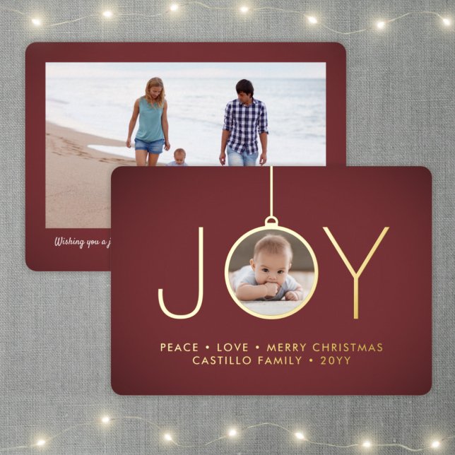 2 Photo Burgundy Modern Joy Christmas Ornament Foil Holiday Card (Creator Uploaded)