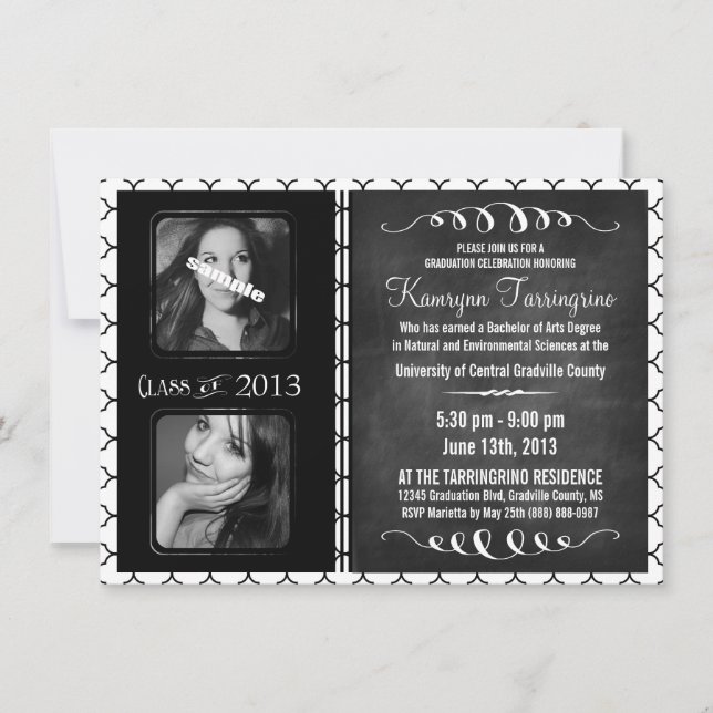 2 Photo Chalkboard Graduation Black and White Invitation (Front)