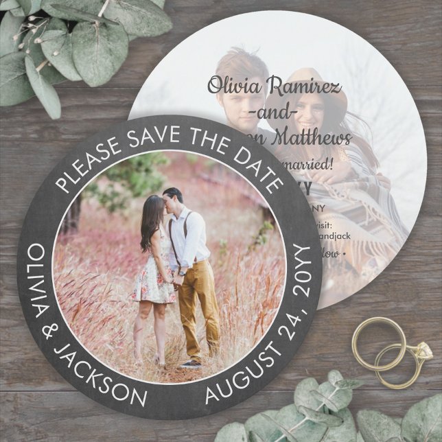 2 Photo Chalkboard Modern Wedding Unique Round Save The Date (Creator Uploaded)