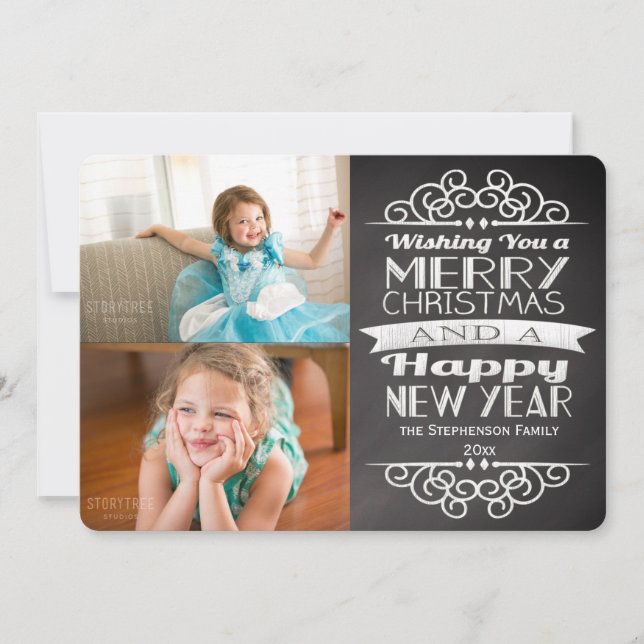 2-Photo Chalkboard Vintage Custom Christmas Holiday Card (Front)