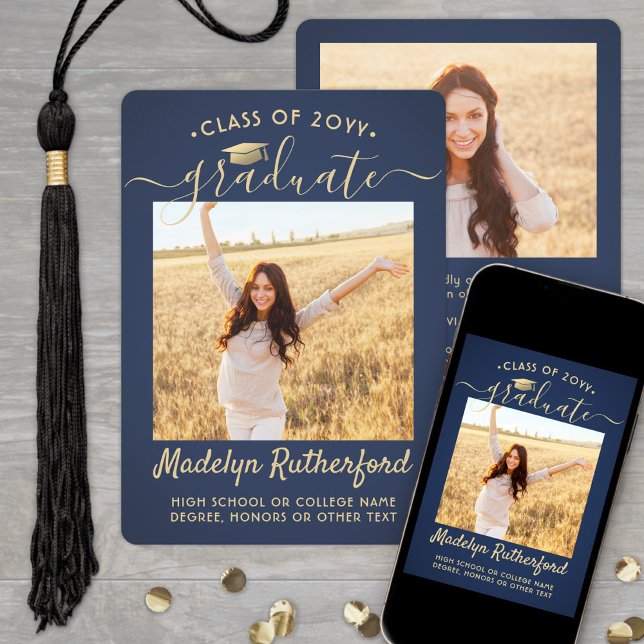 2 Photo Class Year Navy and Gold Script Graduation Announcement (Creator Uploaded)