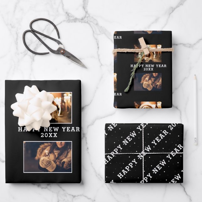 2 Photo Collage Black Happy New Year  Wrapping Paper Sheet (Front)