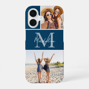 2 Photo Collage Blue Monogrammed iPhone 16 Case