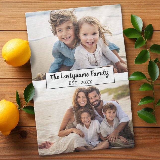 2 Photo Collage Family Name - Horizontal Pics Kitchen Towel (Custom Kitchen Towel with Photo Collage)