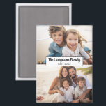 2 Photo Collage Family Name - Horizontal Pics Magnet<br><div class="desc">Use up to two horizontal or selfie phone photos to create a unique and personal gift. If you need to adjust the pictures,  click on the customize tool to make changes.</div>