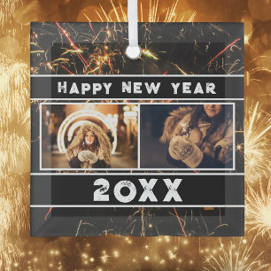 2 Photo Collage Firework Happy New Year 2026 Glass Ornament