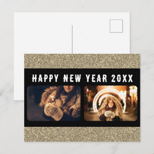 2 Photo Collage Gold Glitter Happy New Year 2025 Holiday Postcard