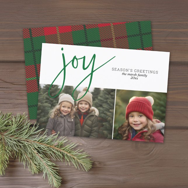 2 Photo Collage Joy Script Season Greeting plaid Holiday Card (2 Photo Modern Christmas Card - Bounce Calligraphy - plaid background - download option available)