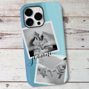 2 Photo Collage Name Watercolor Cool Blue iPhone 16 Pro Max Case