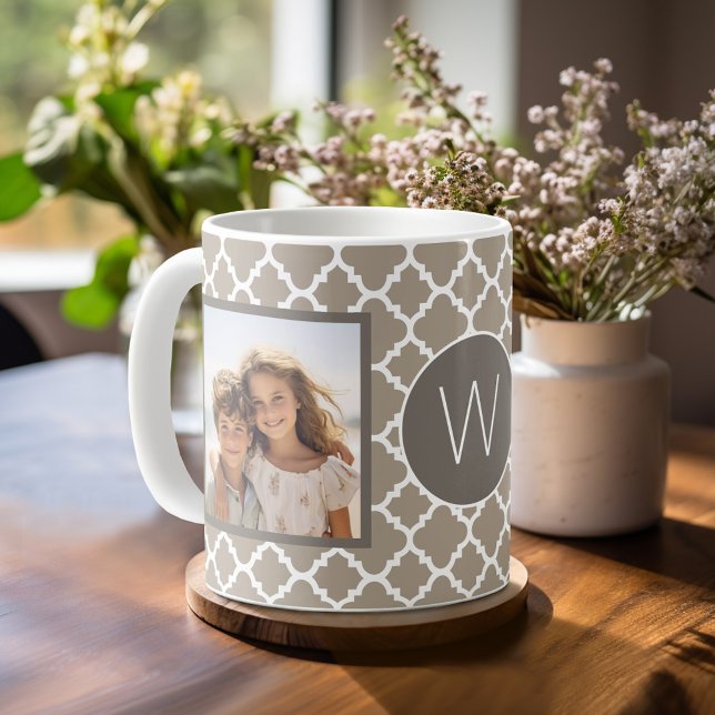 2 Photo Collage - Taupe Quatrefoil and Monogram Coffee Mug (Mug template with 2 photos and a Monogram)
