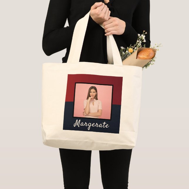 2 Photo Collage with handwritten name - Red Large Tote Bag (Front (Product))