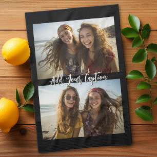 2 Photo Collage with Trendy Script Caption - black Kitchen Towel