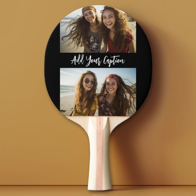 2 Photo Collage with Trendy Script Caption - Black Ping Pong Paddle (Custom Pink Pong Paddle)