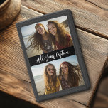 2 Photo Collage with Trendy Script Caption - Black Trifold Wallet<br><div class="desc">Use up to two horizontal or selfie phone photos to create a unique and personal gift. If you need to adjust the pictures,  click on the customize tool to make changes.</div>