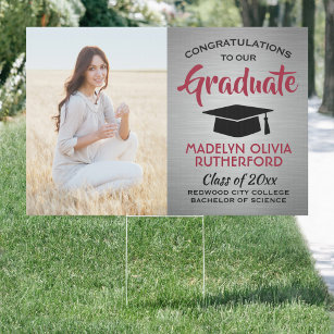 2 Photo Congrats Red Grey & Black Graduation Yard Garden Sign