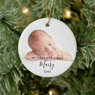 2 Photo Elegant Script Baby My First Christmas Ceramic Ornament
