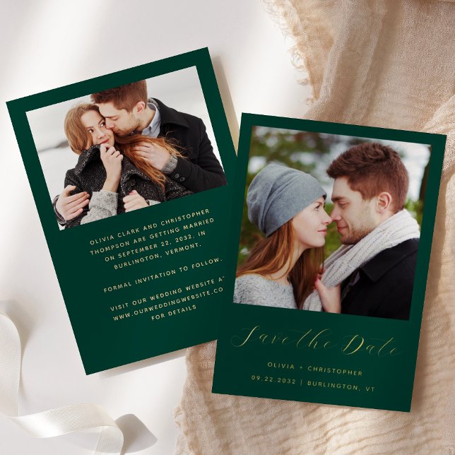 2-Photo Emerald Green Gold Script Save the Date (Creator Uploaded)
