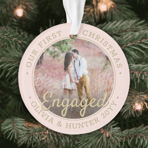 2 Photo Engagement 1st Christmas Blush Pink & Gold Ornament