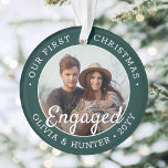 2 Photo Engagement 1st Christmas Green and White Ornament<br><div class="desc">Celebrate the joyful 1st holiday of your engagement with a custom 2 photo "Our First Christmas Engaged" green and white round acrylic ornament. All text and images on this template are simple to personalize and can be different or the same on front and back. (IMAGE & TEXT DESIGN TIPS: 1)...</div>