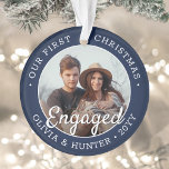 2 Photo Engagement 1st Christmas Navy Blue & White Ornament<br><div class="desc">Celebrate the joyful 1st holiday of your engagement with a custom 2 photo "Our First Christmas Engaged" navy blue and white round acrylic ornament. All text and images on this template are simple to personalize and can be different or the same on front and back. (IMAGE & TEXT DESIGN TIPS:...</div>