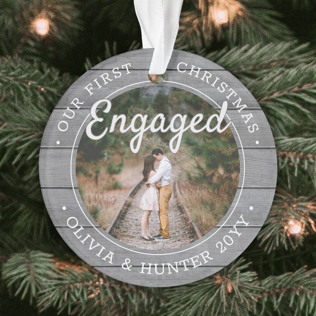 2 Photo Engagement First Christmas Faux Grey Wood Ornament (Creator Uploaded)