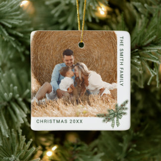 2 Photo Family Christmas Rustic Bow Pine Branch Ceramic Ornament
