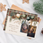 2 Photo Festive Greenery  Holiday Card<br><div class="desc">This 2 photo Christmas card features a festive watercolor evergreen design on a neutral background. plaid on the back side makes these classic. Easily customize this using the personalization feature, </div>