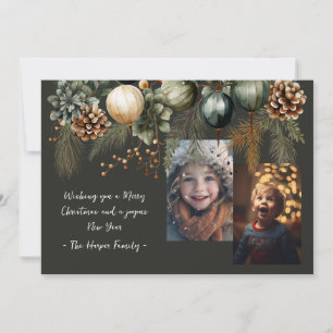 2 Photo Festive Watercolor Greenery Holiday Card