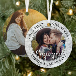 2 Photo First Christmas Engaged Faux Marble Round Metal Ornament<br><div class="desc">Celebrate the joyful 1st holiday of your engagement with a custom 2 photo "Our First Christmas Engaged" round faux marble metal ornament. All text and images on this template are simple to personalize. If preferred, the script typography can read "Together" or "Married." (IMAGE & TEXT DESIGN TIPS: 1) To adjust...</div>