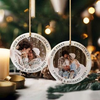 2 Photo First Christmas Engaged Modern  Ceramic Ornament