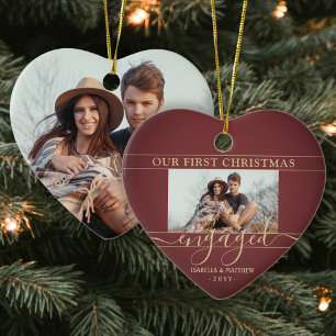 2 Photo First Christmas Engaged Red and Gold Heart Ceramic Ornament